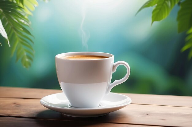 Coffee in white cup on wooden table with natural lighting background