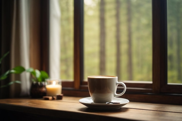 Coffee in a white mug in a restaurant with a view out the window