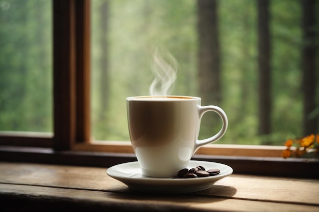 Coffee in a white mug in a restaurant with a view out the window