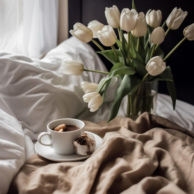 Coffee and White Tulips Bedside Beauty Generative AI