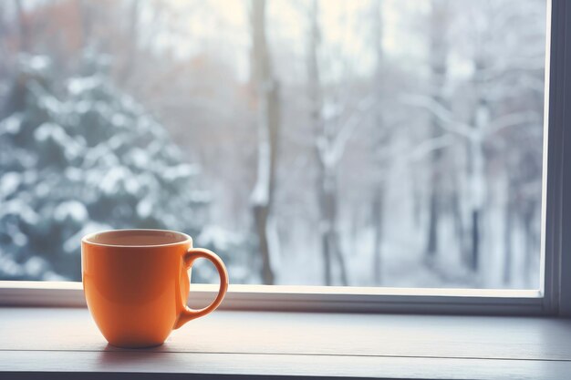 静かな冬の朝の窓際のコーヒー