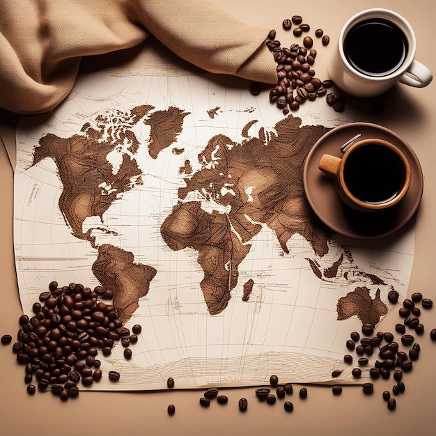 Photo coffee with beans and a world map