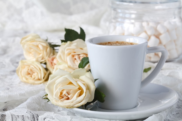 coffee with beautiful roses.