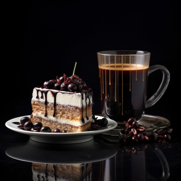 Foto caffè con torta sullo sfondo nero