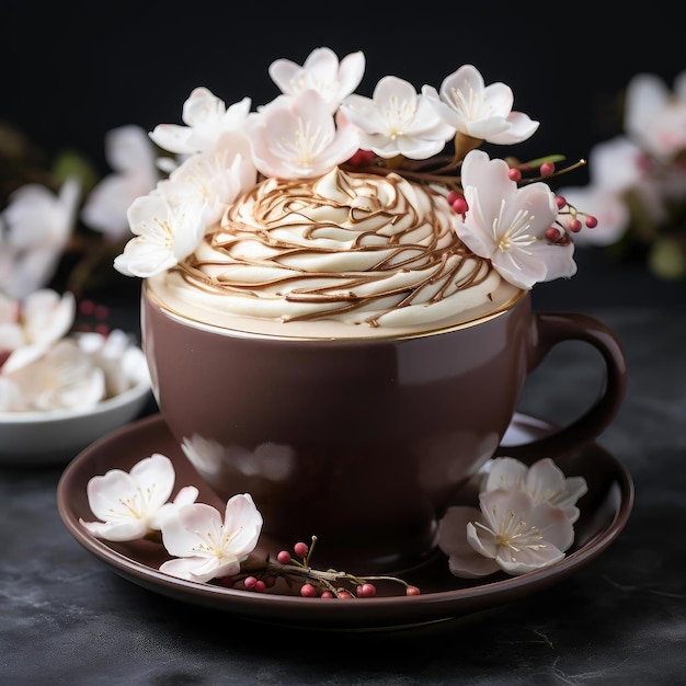 Coffee with cherry blossoms and cream topping