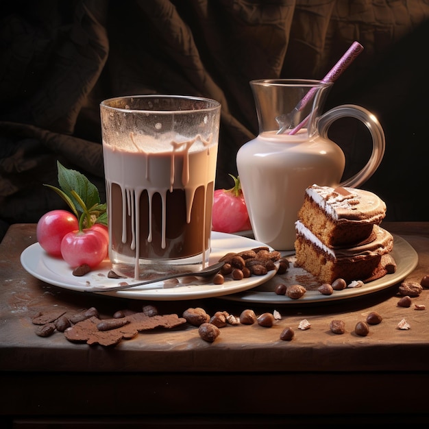 곡물 하이퍼 2 테이블에 초콜릿 우유와 커피