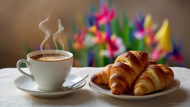 Coffee with croissants and blurred flowers at the background