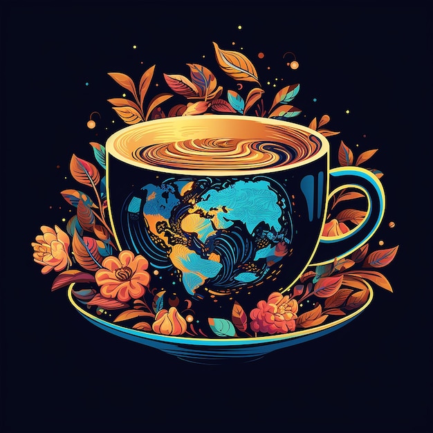 아름다운 잎과 장식이 있는 컵이 있는 커피