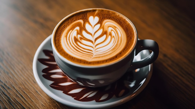 Coffee with floral latte art on a wooden table generated ai