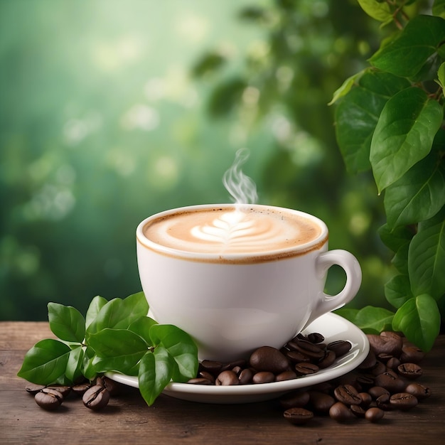 Coffee with Froth and Greenery Background