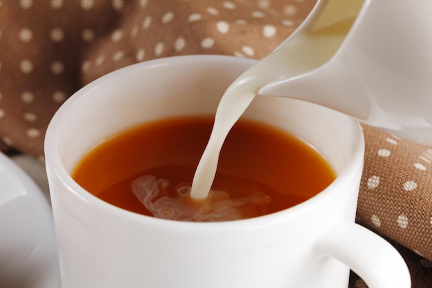 Coffee with milk Milk is poured into the coffee