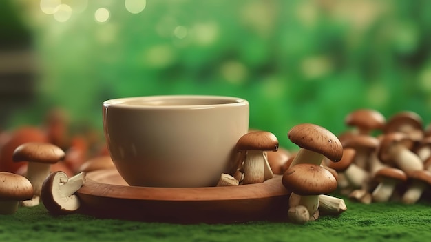 Coffee with mushrooms in green cup on wooden background Generative Ai