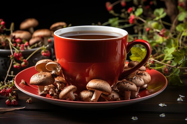 Coffee with Mushrooms in a Red Cup on a Wooden Table