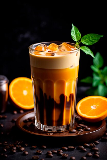 Foto caffe' con succo d'arancia sul tavolo.