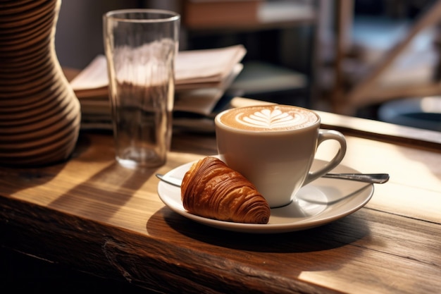 кофе с выпечкой и круассаном за столом в кофе-баре