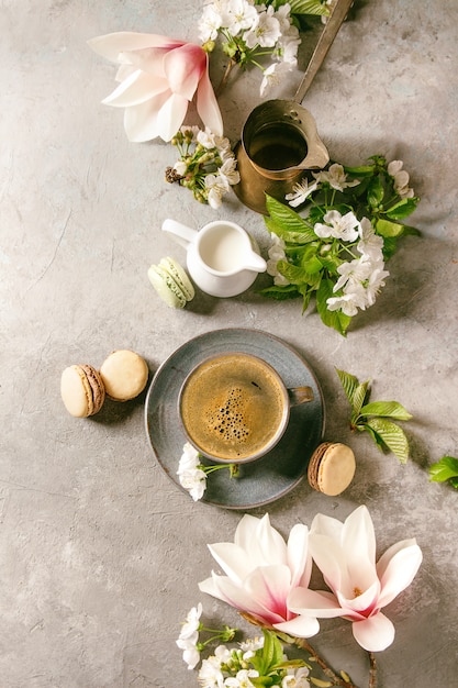 Coffee with spring flowers