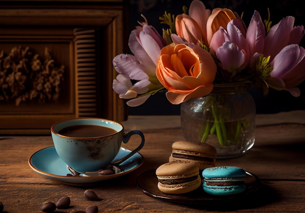 Coffee with sweets is on the table morning breakfast