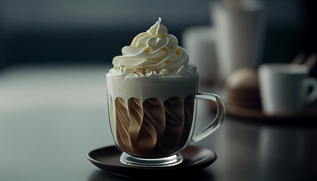 Coffee with whipped cream and caramel in a glass on a dark backgroundgenerative ai