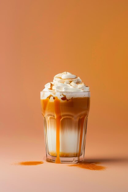 coffee with whipped cream and caramel syrup in glass on orange background copy space Iced coffee