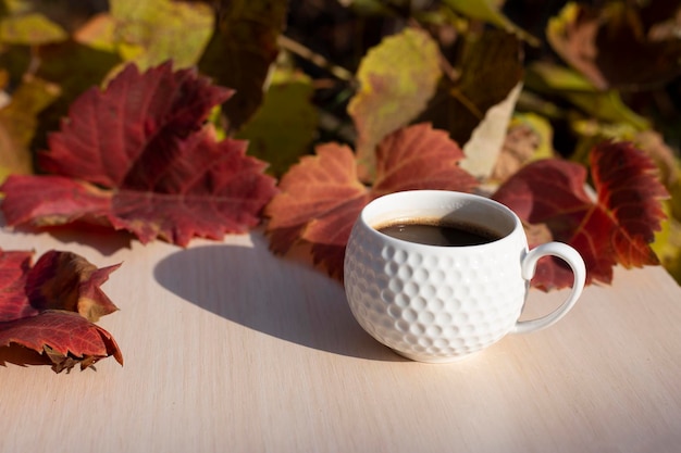 Coffee on wood table nature background in garden