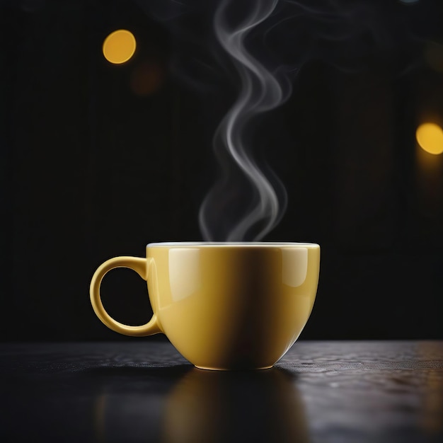 A coffee in a Yellow cup with a dark background