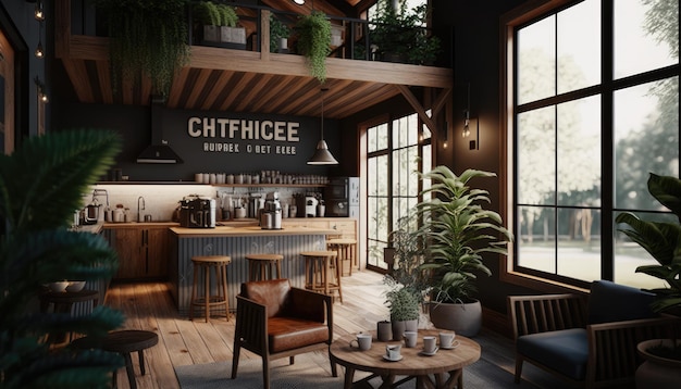 Coffeeshop interieur ingericht met hout en natuurlijk plantendesign