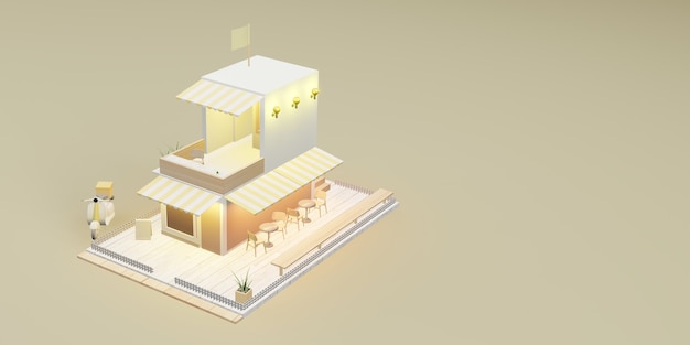 Coffeeshopmodel restaurantmodel en bezorgdiensten cartoonafbeeldingen 3D-illustraties