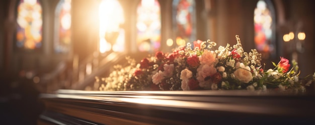 Photo coffin in a church at funeral with perfect light and flowers banner generative ai