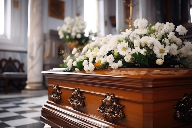 Coffin in the church with white flowers Funeral ceremony