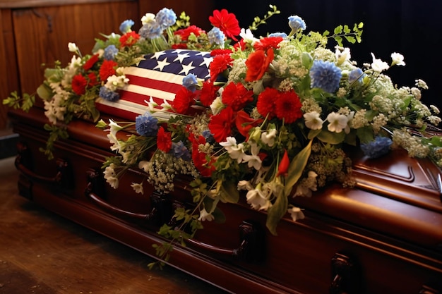 Photo a coffin with a flag and flowers on it