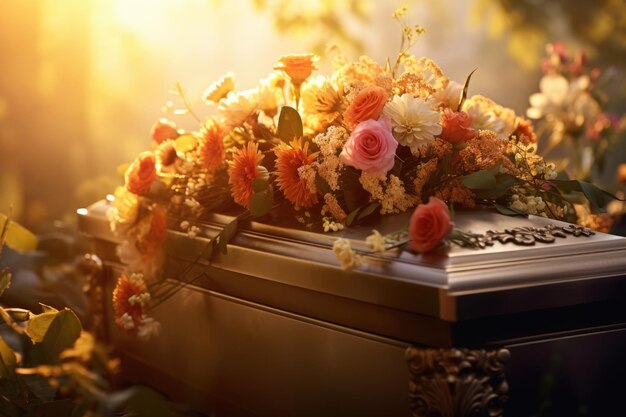 Coffin with flowers at sunset