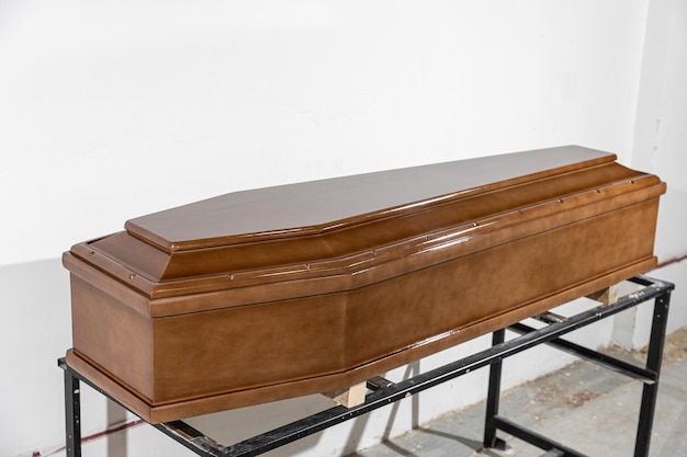 Coffins are presented in shop of undertaker