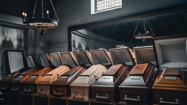 Photo coffins in mortician shop