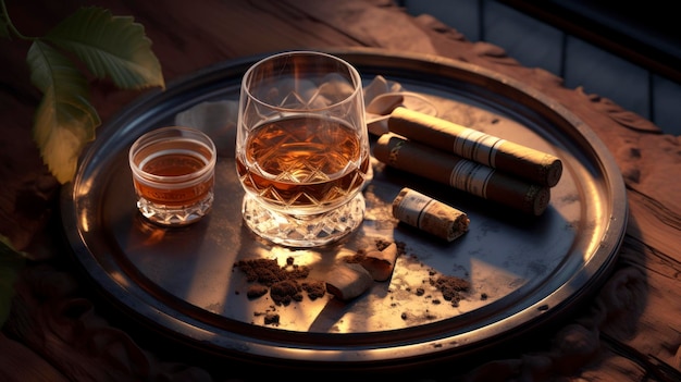 Cognac and cigar on a table top view with copy space