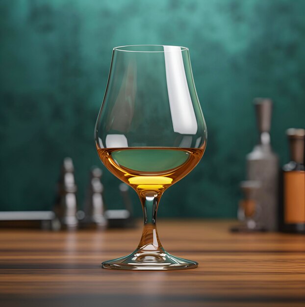 Cognac glass on the table Tasting advertisement AI generated Blurred background of bar utensils