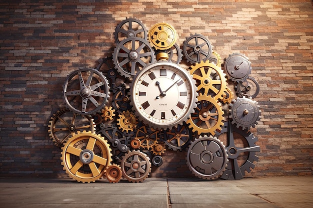 Cogwheels and clock in front of a brick wall 3D Rendering