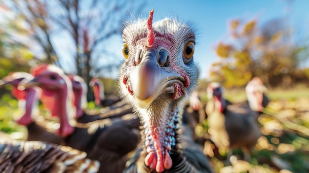 A cohesive group of turkeys standing closely together displaying their feathers and vibrant plumage