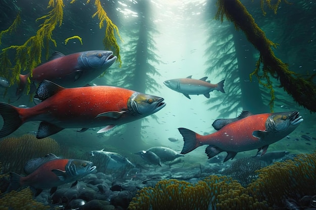 Coho Salmon Fish Underwater Lush Nature by Generative AI