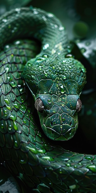 Foto serpente verde arrotolato con gocce di pioggia sulla pelle