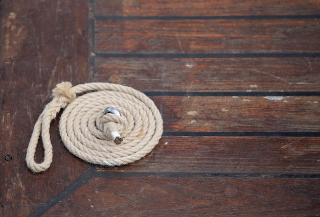 Coiled rope on the deck of a ship