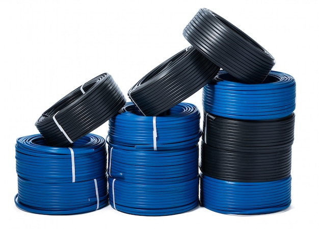 Coils of black and blue cable isolated