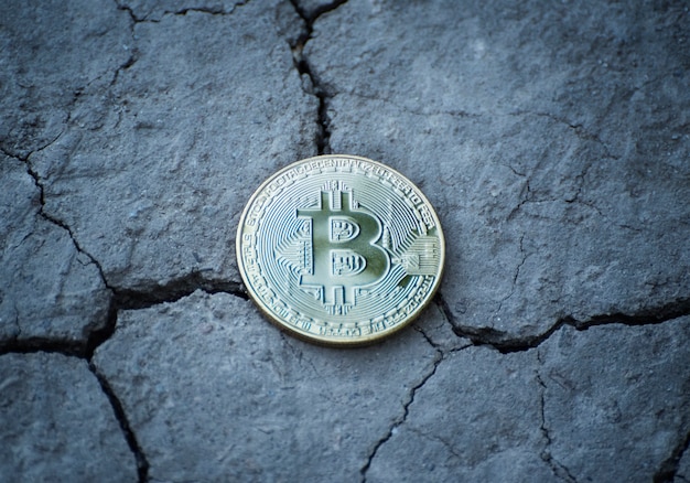 Coin bitcoin on cracked ground. Financial concept