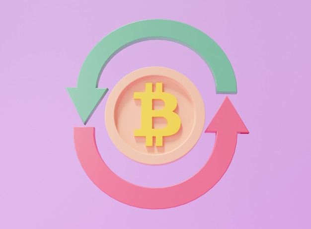 Coin bitcoin with arrow Cartoon style minimal Crypto currency buy sell exchange financial investment trader concept on purple background 3d render illustration