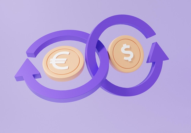 紫色の背景に浮かぶ矢印通貨交換転送の概念を持つコインユーロとドル請求書のお金コスト節約利益キャッシュバック最小限の漫画3dレンダリングイラスト