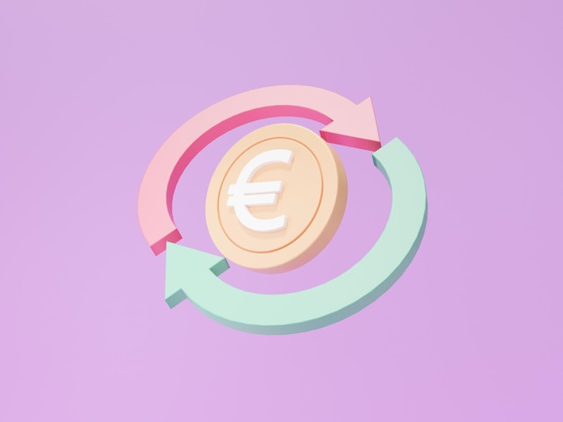 Coin euro icon with arrow cashback concept floating on Purple background money digital Cost saving transfer exchange rate minimal cartoon 3d render illustration