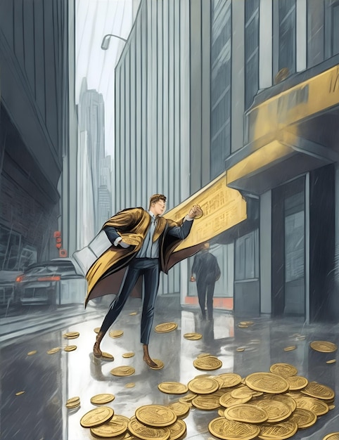 coin raining downtown illustration