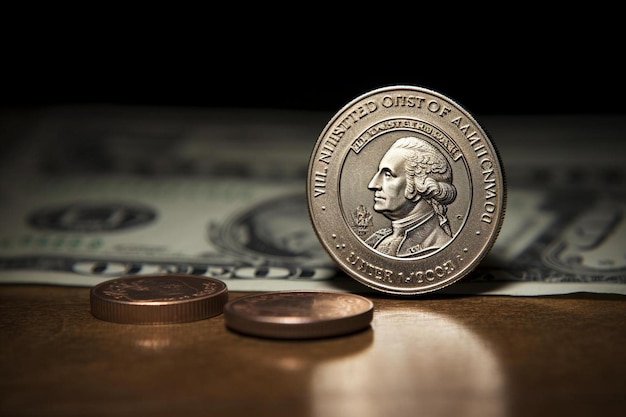 a coin sitting on top of a pile of money