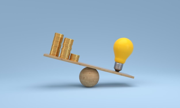 Coin stack compare light bulb idea on wood scale seesaw Money gold coin compare balance with knowledge concept