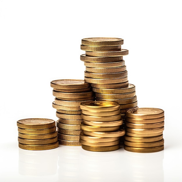 Coin Stacks Gleaming on a Crisp White Background