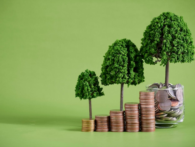 Coin stacks on green background